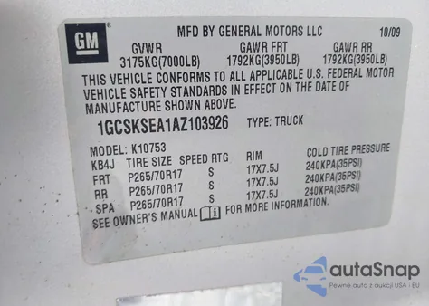 2010 Chevrolet Silverado 1500 Lt from USA, damaged, VIN 1GCSKSEA1AZ103926